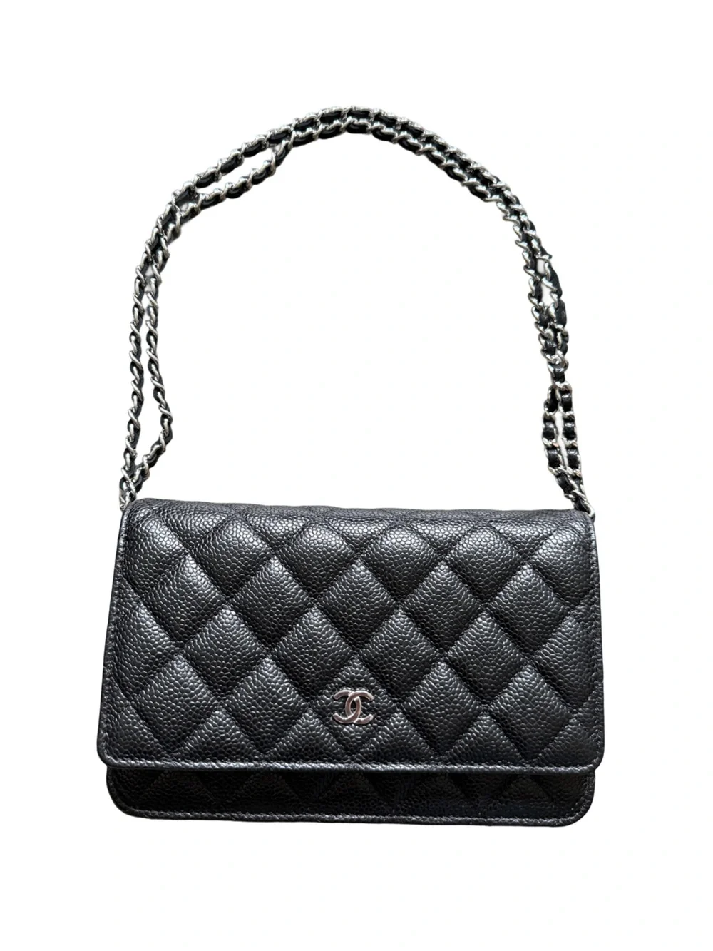 CHANEL Black Quilted Caviar Leather Crossbody with Silver Hardware